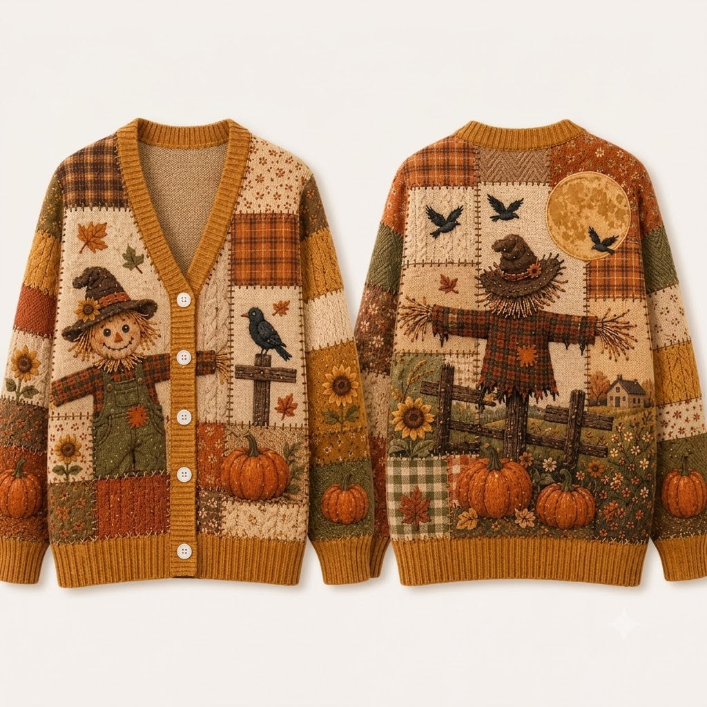 Fall Cardigan for Women, Pumpkin Patchwork Sweater, Halloween Gift, Autumn Harvest Knit, Cozy Thanksgiving Top