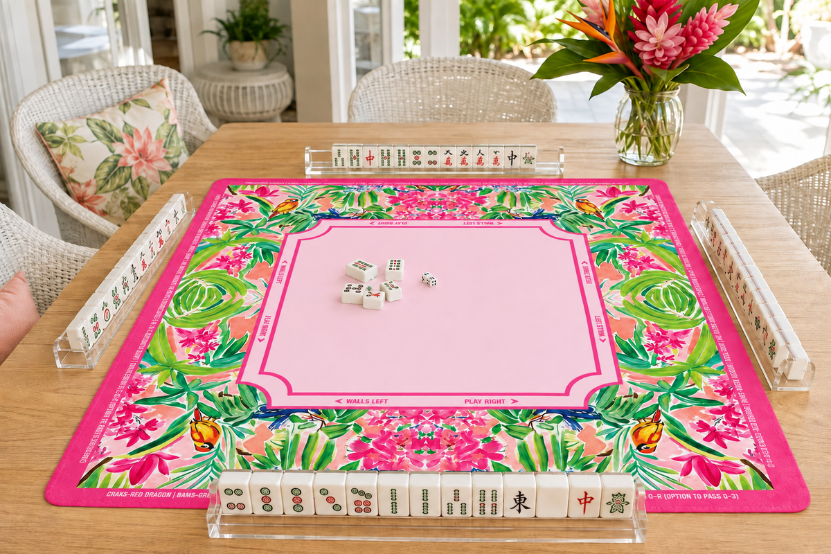 Pink Tropical Mahjong Mat American Mahjong Table Mat Palm Leaf Bird Game Mat Floral Game Night Hostess Gift