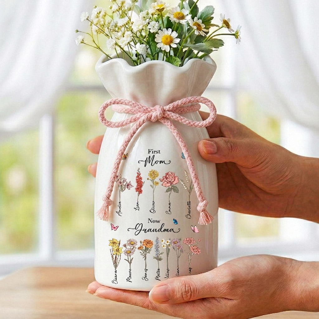 Custom First Mom Now Grandma Ceramic Flower Vase, Birth Month Flower Vase, Grandmas Garden Vase