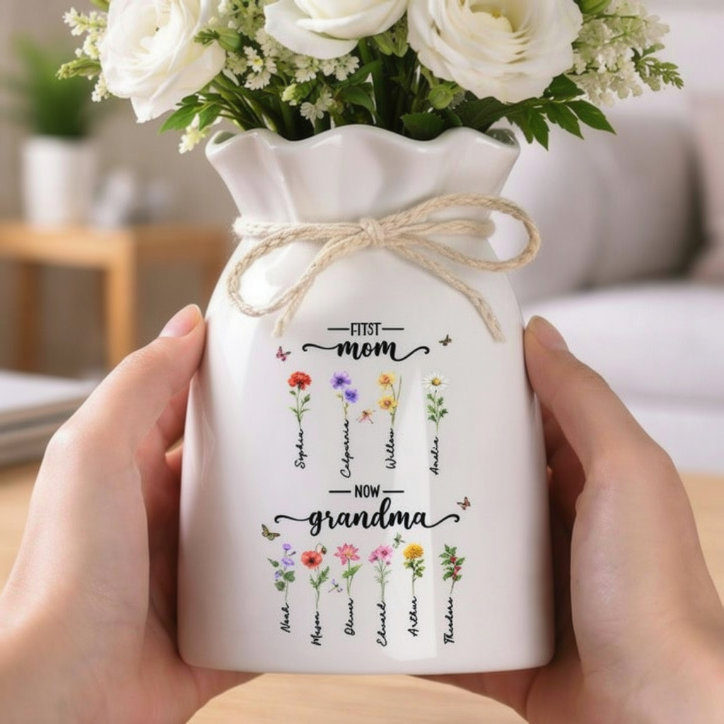 Custom First Mom Now Grandma Ceramic Flower Vase, Birth Month Flower Vase, Grandmas Garden Vase, Birthday Gift for Mom Nana