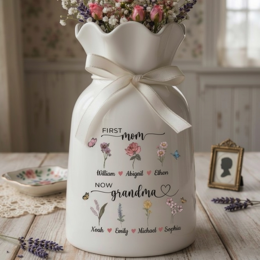 First Mom Now Grandma Vase, Nana's Garden Flower Vase, Birth Month Flower Vase