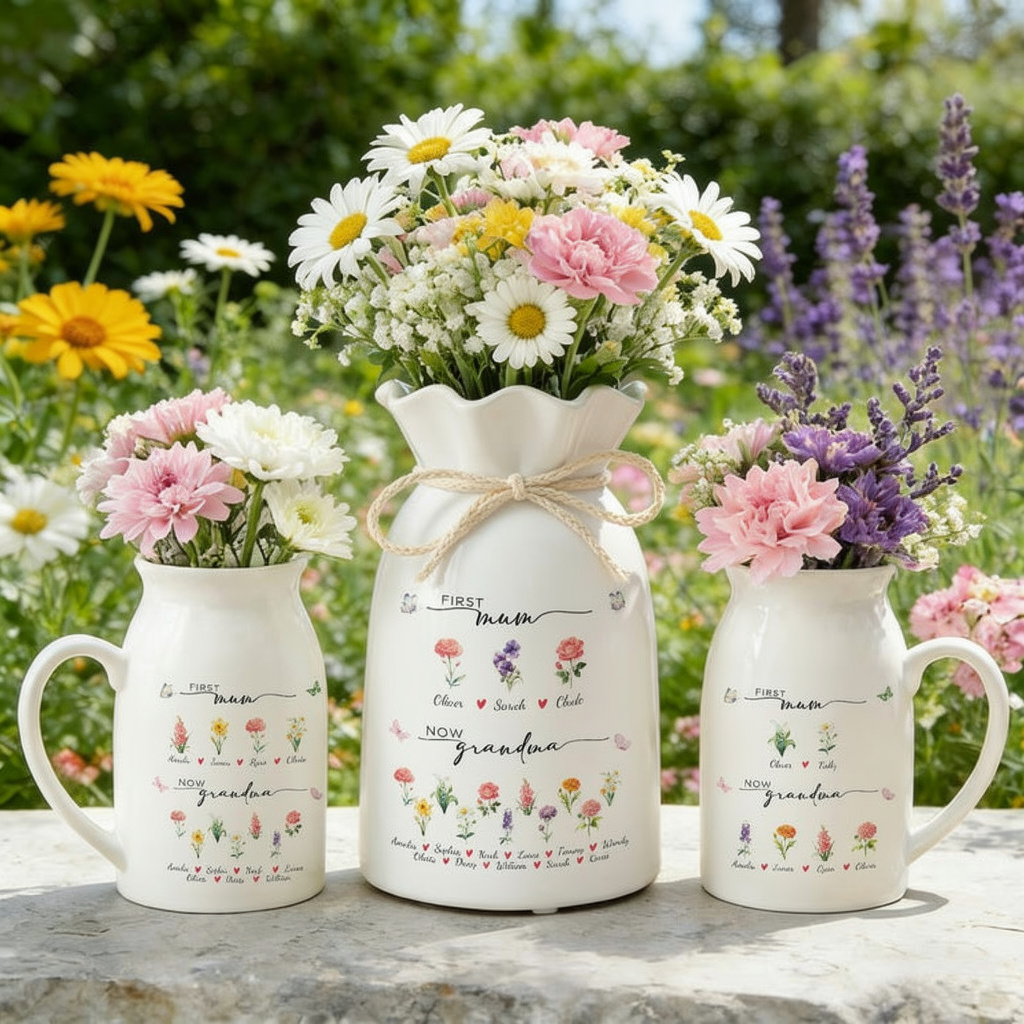 Custom First Mom Now Grandma Ceramic Flower Vase, Birth Month Flower Vase