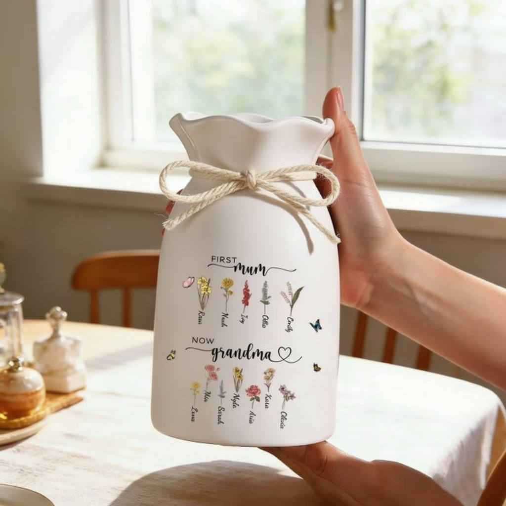 Personalized First Mom Now Grandma Birth Flower Vase, Custom Family Name Vase