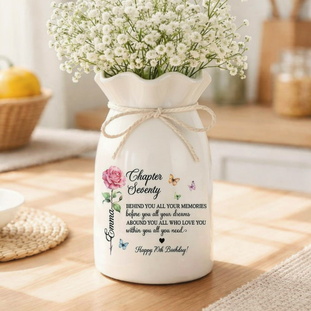 Custom Birth Month Flower Name Vase, 70th Birthday Gifts, Seventy Birthday Flower Vase
