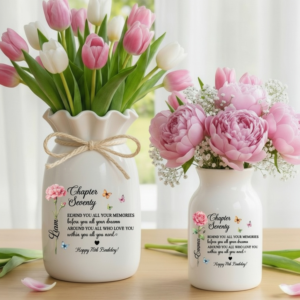 Custom Birth Month Flower Name Vase, 70th Birthday Gifts, Seventy Birthday Flower Vase