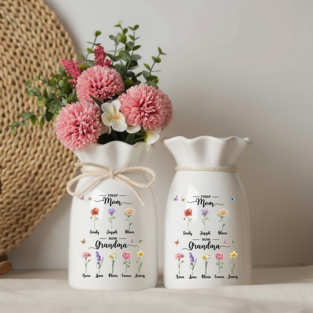 Personalized First Mom Now Grandma Gift, Custom Birth Month Flower Vase with Grandkids Name