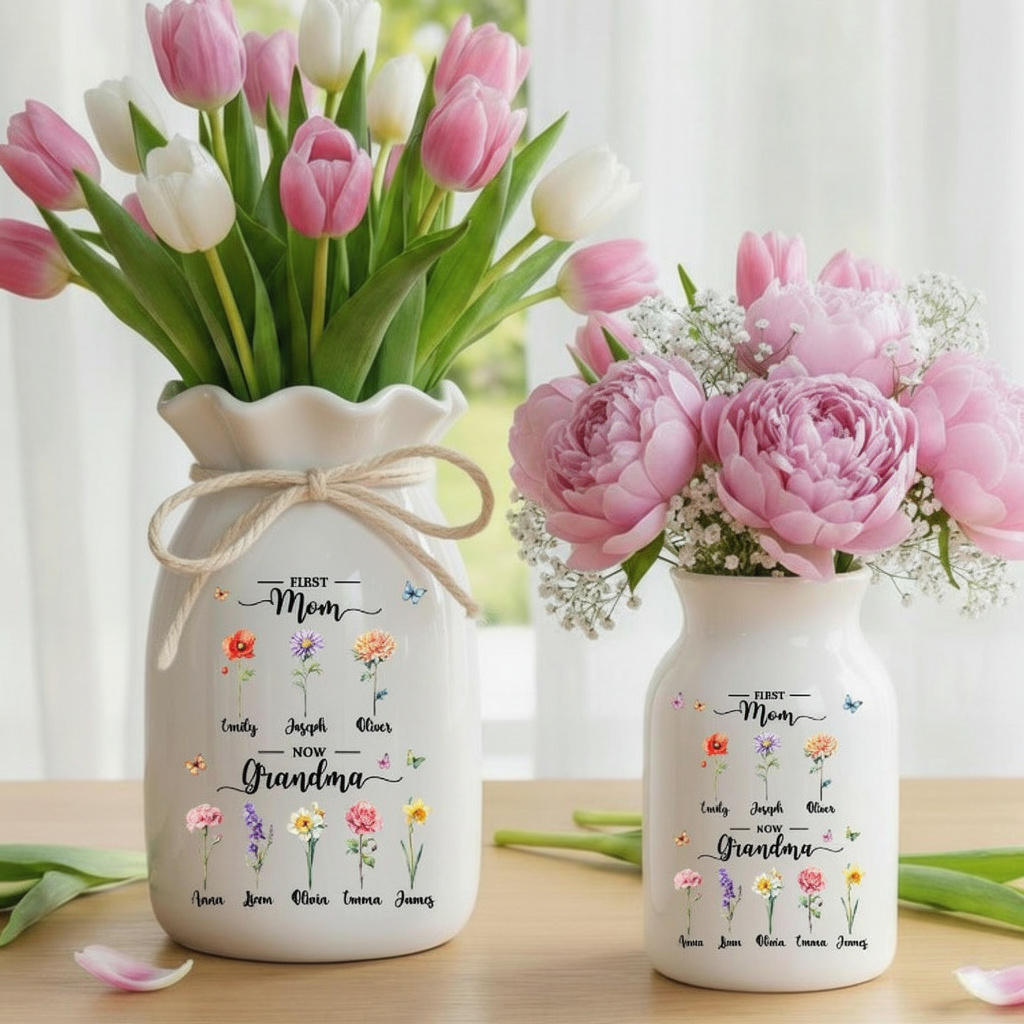 Personalized First Mom Now Grandma Gift, Custom Birth Month Flower Vase with Grandkids Name