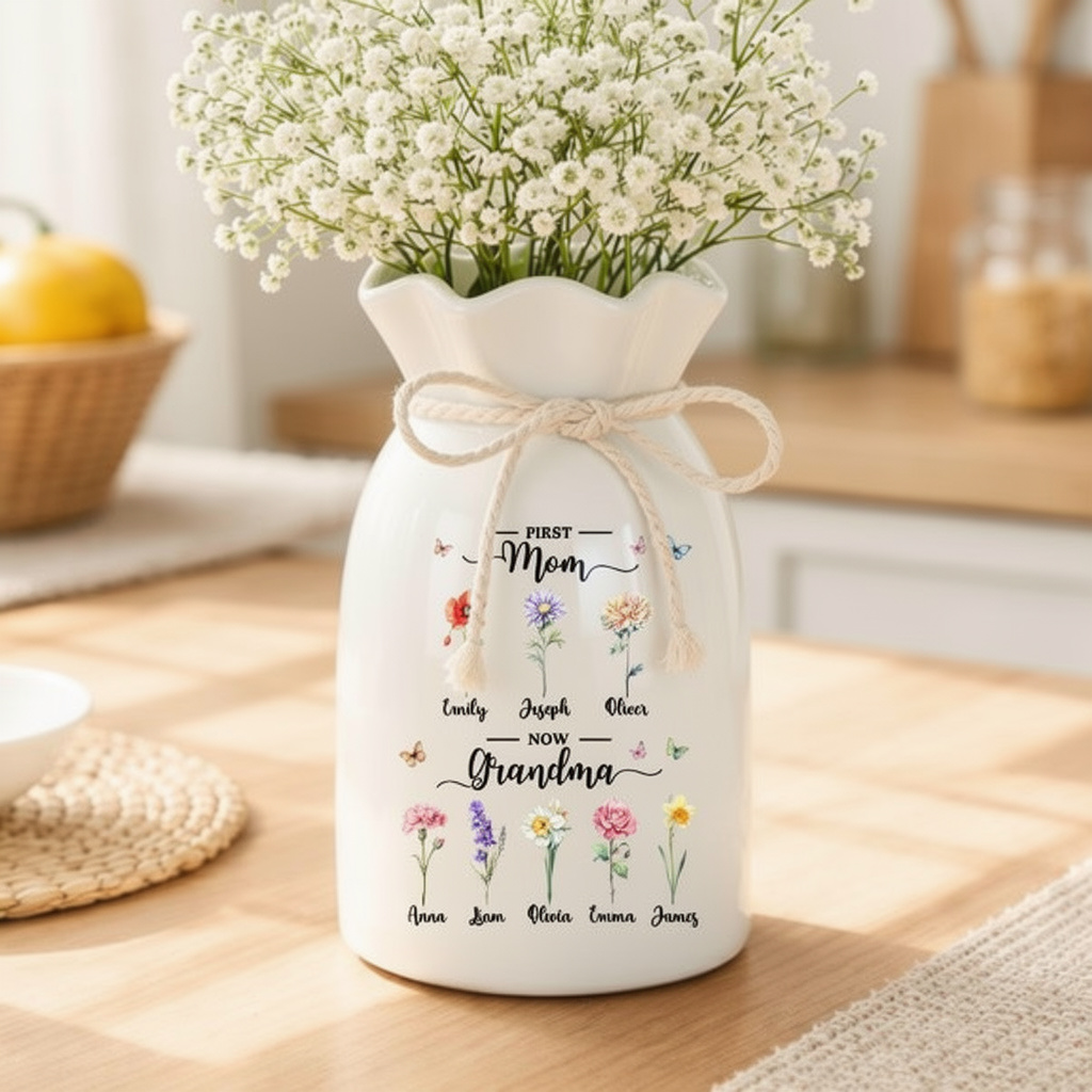 Personalized First Mom Now Grandma Gift, Custom Birth Month Flower Vase with Grandkids Name