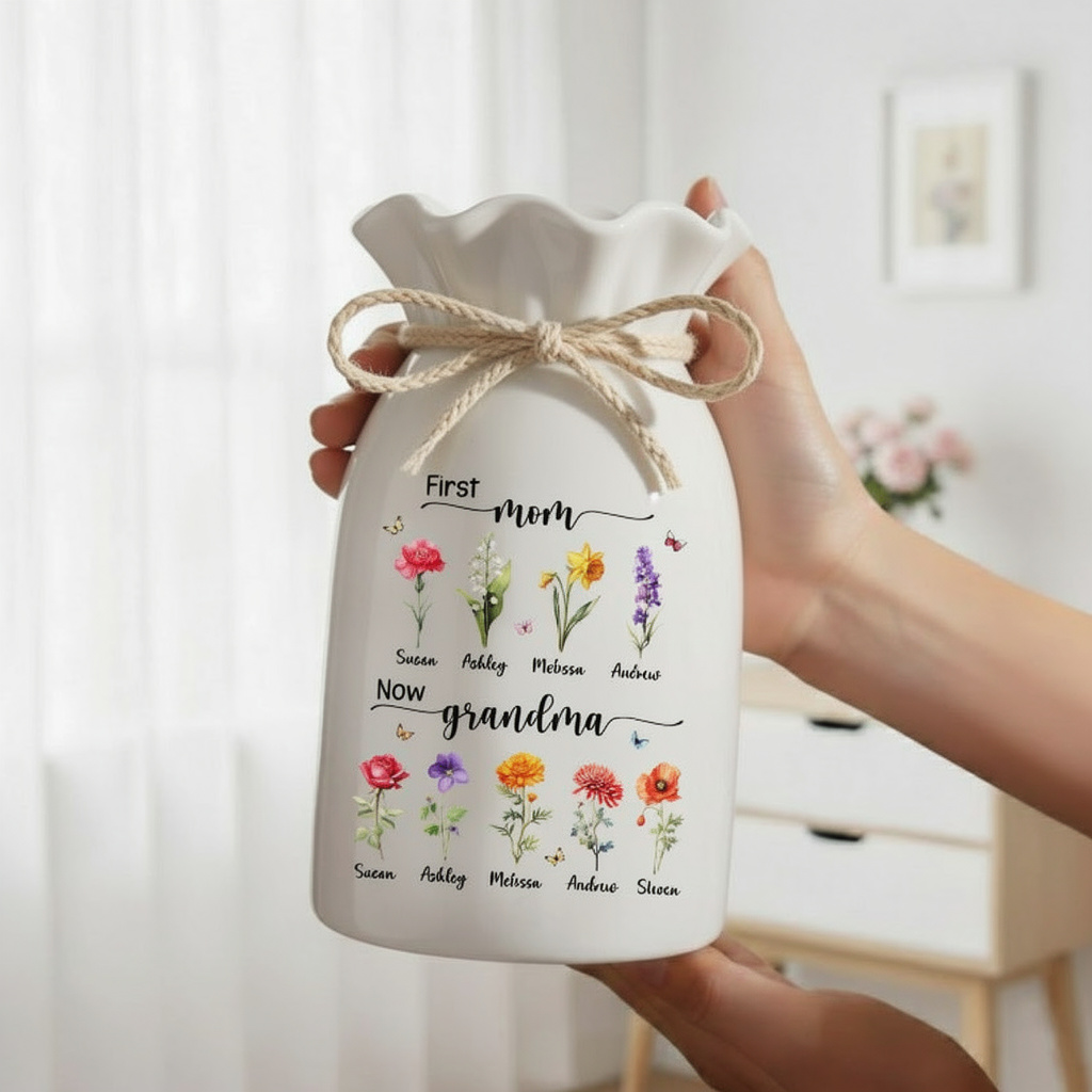 Personalized First Mom Now Grandma Flower Vase, Birth Month Flower Vase