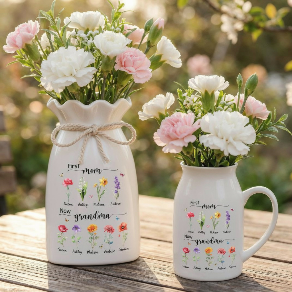 Personalized First Mom Now Grandma Flower Vase, Birth Month Flower Vase