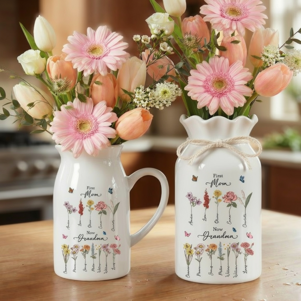 Custom First Mom Now Grandma Ceramic Flower Vase, Birth Month Flower Vase