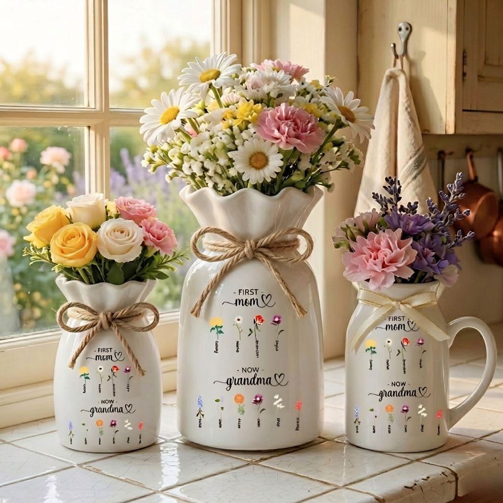 Personalized First Mom Now Grandma Birth Flower Vase, Custom Flower Keepsake