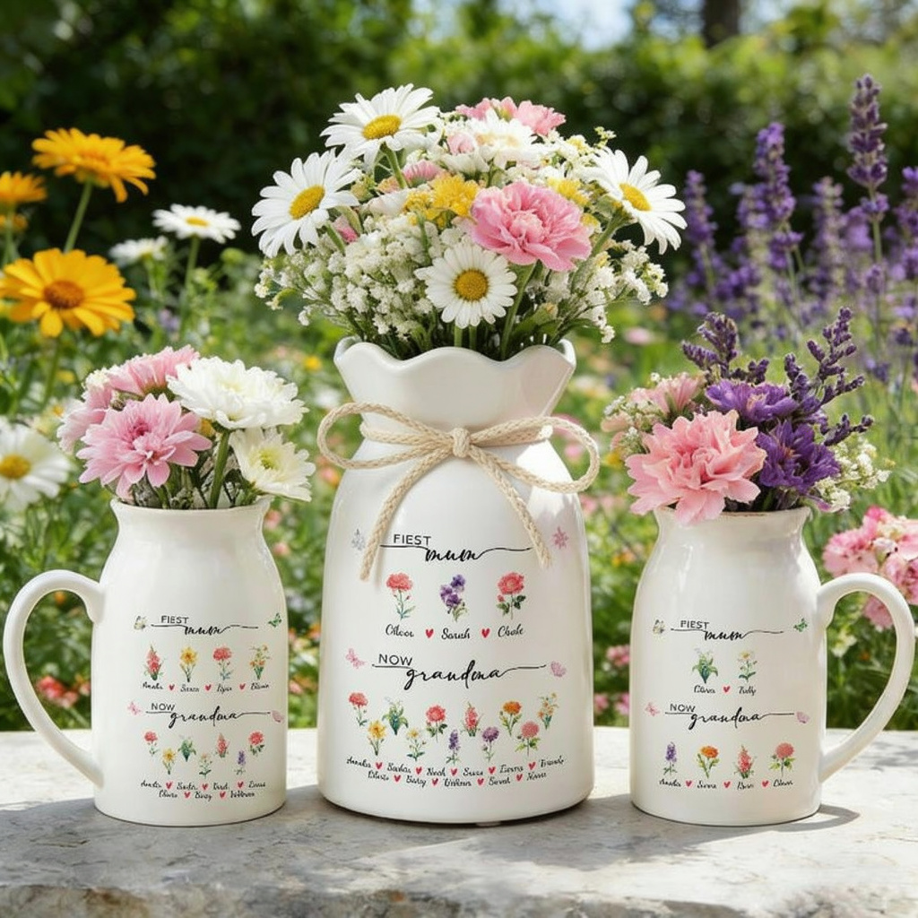 Custom First Mom Now Grandma Ceramic Flower Vase, Grandmas Garden Vase