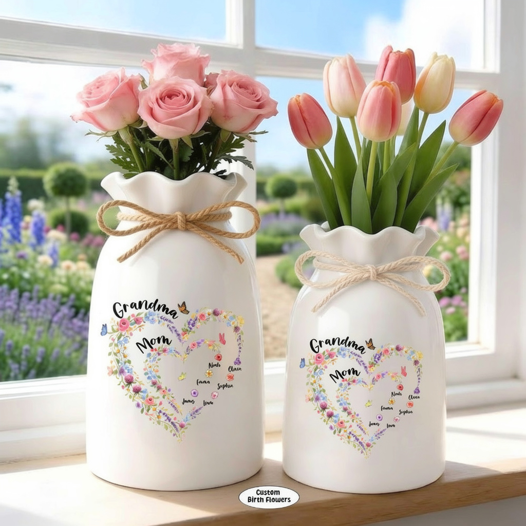 Personalized Mom Grandma Heart Flower Vase, Family Birth Flower Vase