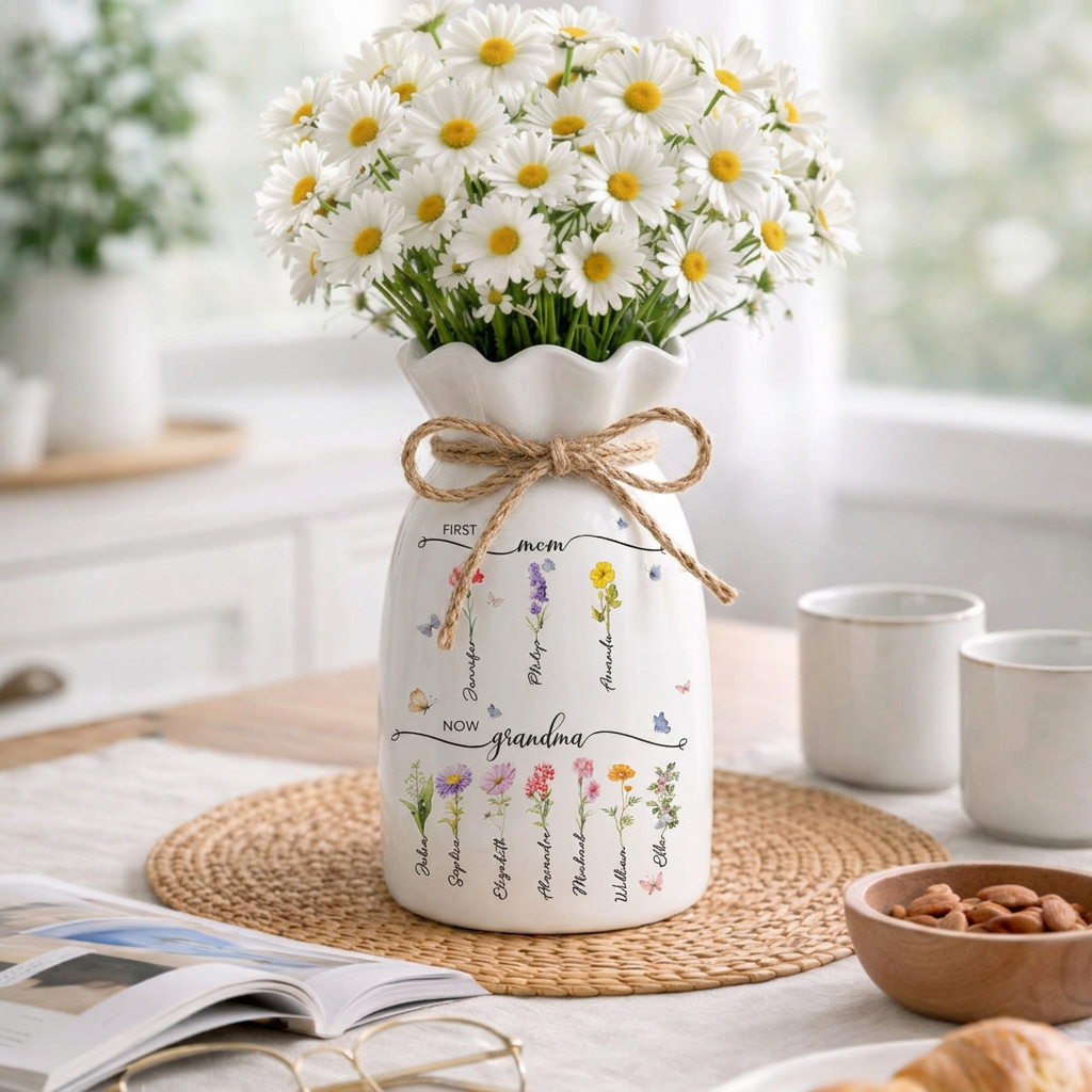Custom First Mom Now Grandma Ceramic Flower Vase, Birth Month Flower Vase
