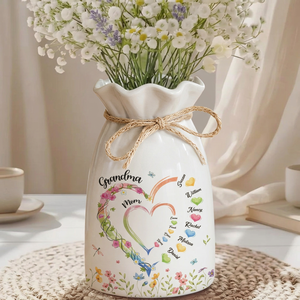 Personalized Grandma Floral Heart Ribbon Tie Flower Vase, First Mom Now Grandma