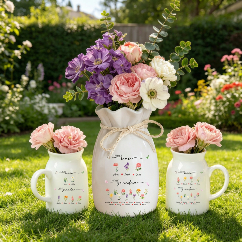 Personalized First Mom Now Grandma Flower Vase, Birth Month Flower Vase