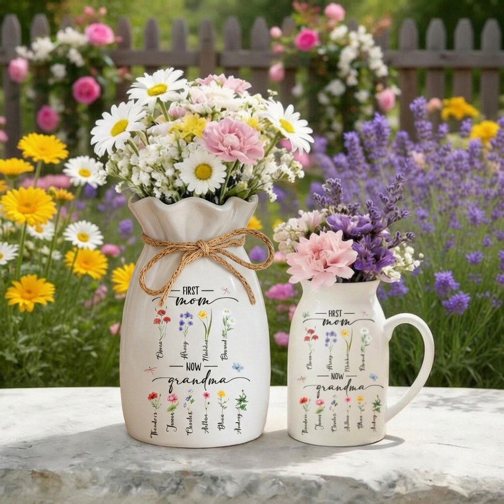 Custom First Mom Now Grandma Vase, Personalized Birth Month Flower Mothers Day Gift