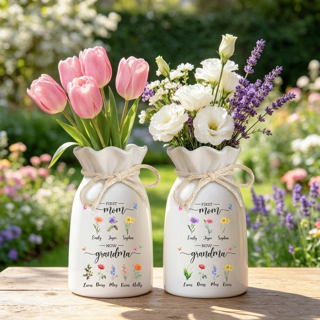 First Mom Now Grandma Flower Vase,Personalized Birth Month Flower Vase