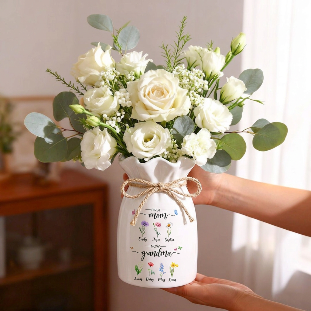 First Mom Now Grandma Flower Vase,Personalized Birth Month Flower Vase