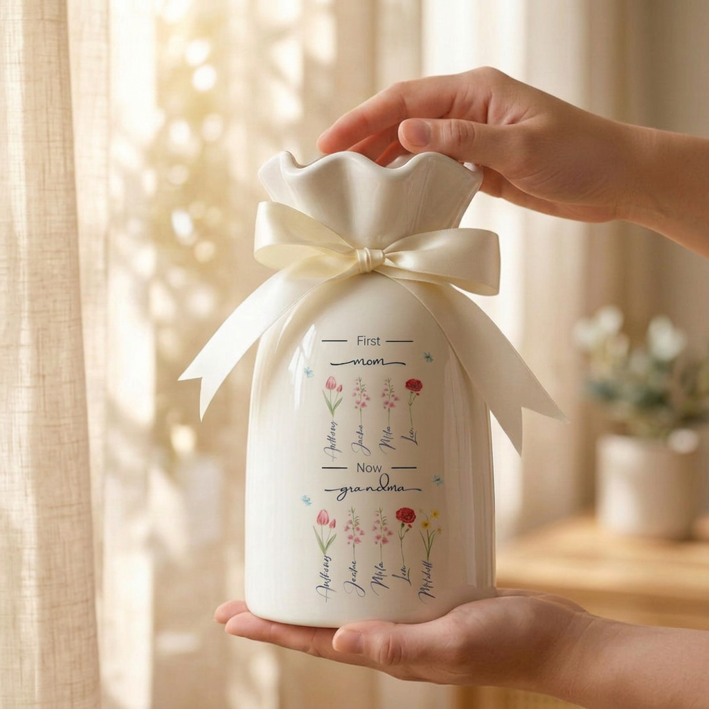 Personalized Grandma Birth Flower Vase, First Mom Now Grandma Gift