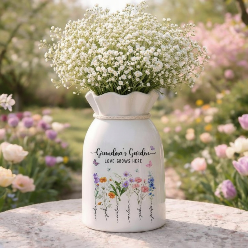 Personalized Grandmas Ceramic Flower Vase, Birth Month Flower Vase