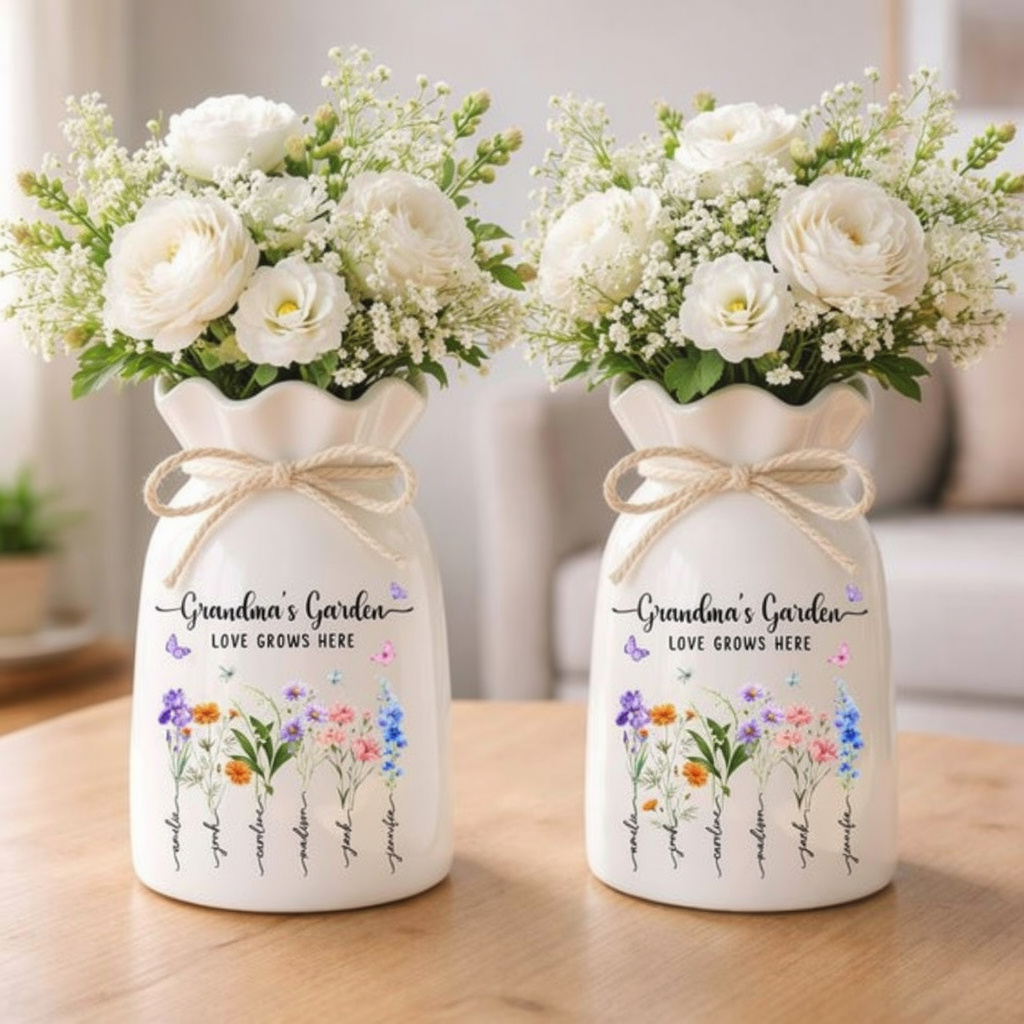 Personalized Grandmas Ceramic Flower Vase, Birth Month Flower Vase