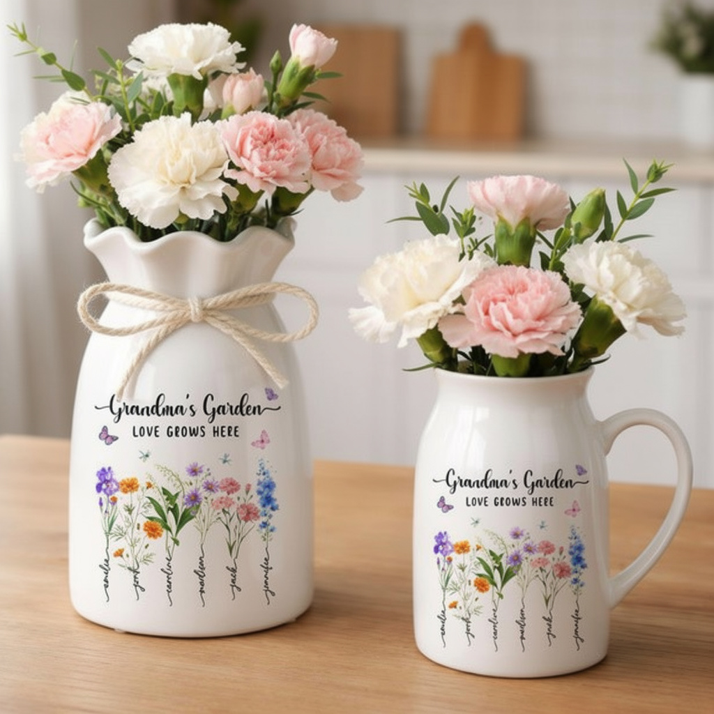 Personalized Grandmas Ceramic Flower Vase, Birth Month Flower Vase