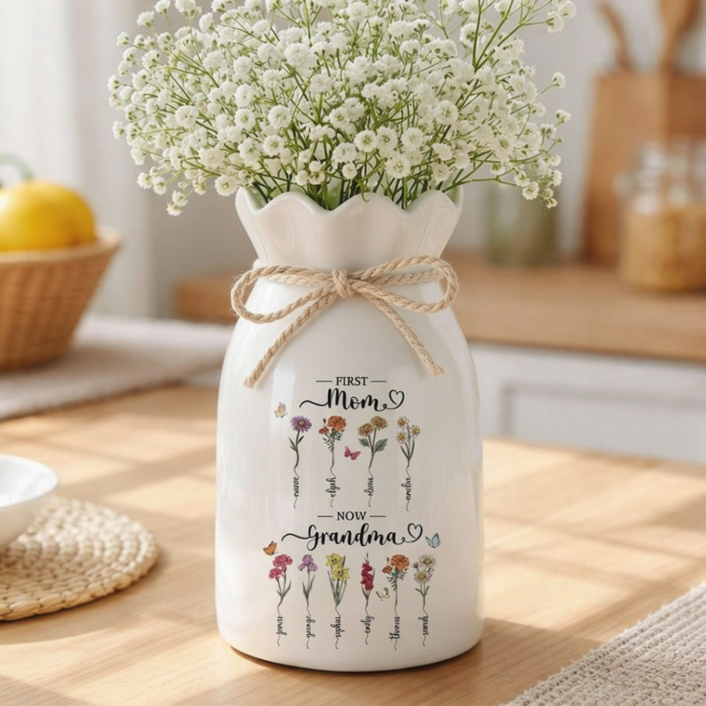 Personalized First Mom Now Grandma Gift, Custom Birth Month Flower Vase