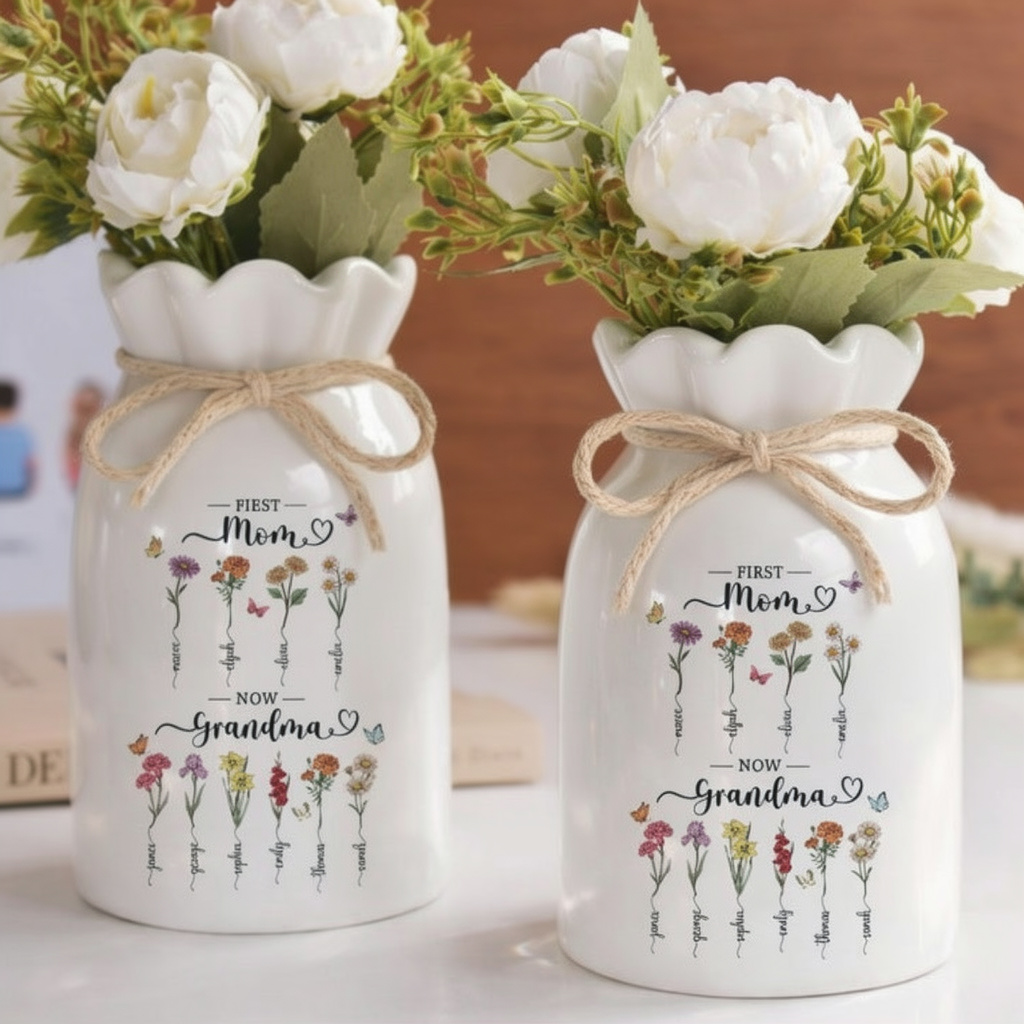 Personalized First Mom Now Grandma Gift, Custom Birth Month Flower Vase