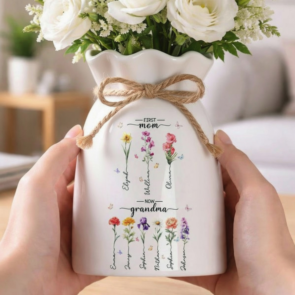 Personalized First Mom Now Grandma Gift, Custom Birth Month Flower Vase