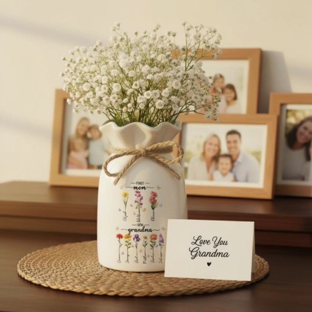 Personalized First Mom Now Grandma Gift, Custom Birth Month Flower Vase
