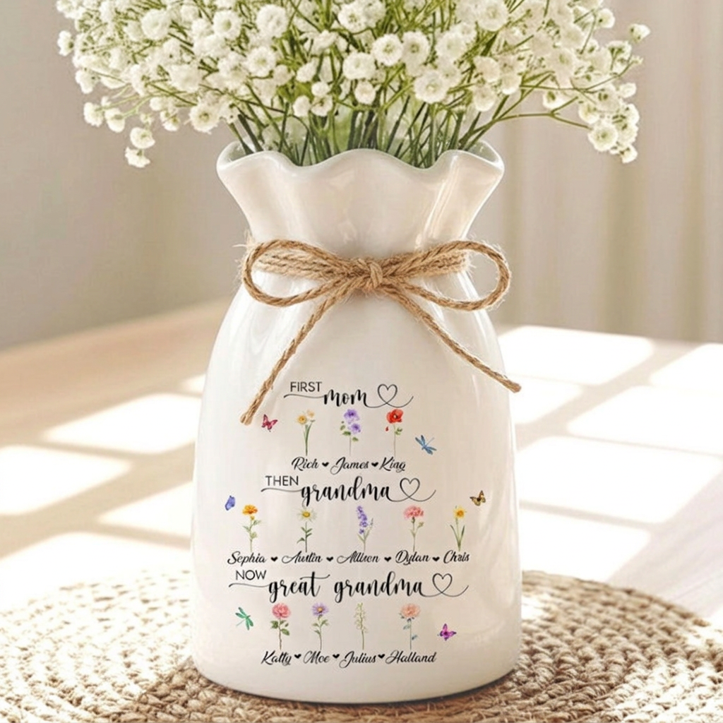 Custom First Mom Now Great Grandma Ceramic Flower Vase, Birth Month Vase
