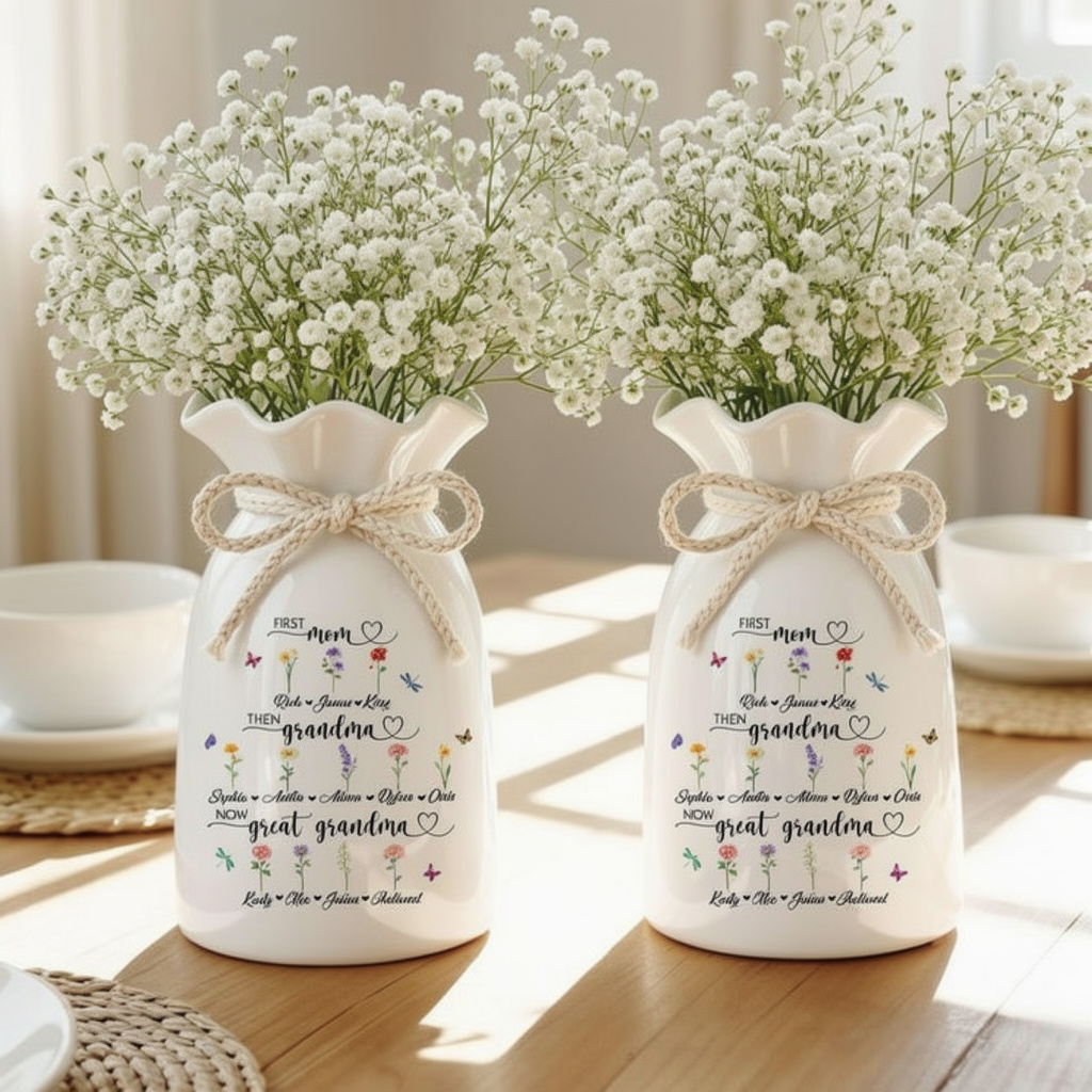Custom First Mom Now Great Grandma Ceramic Flower Vase, Birth Month Vase