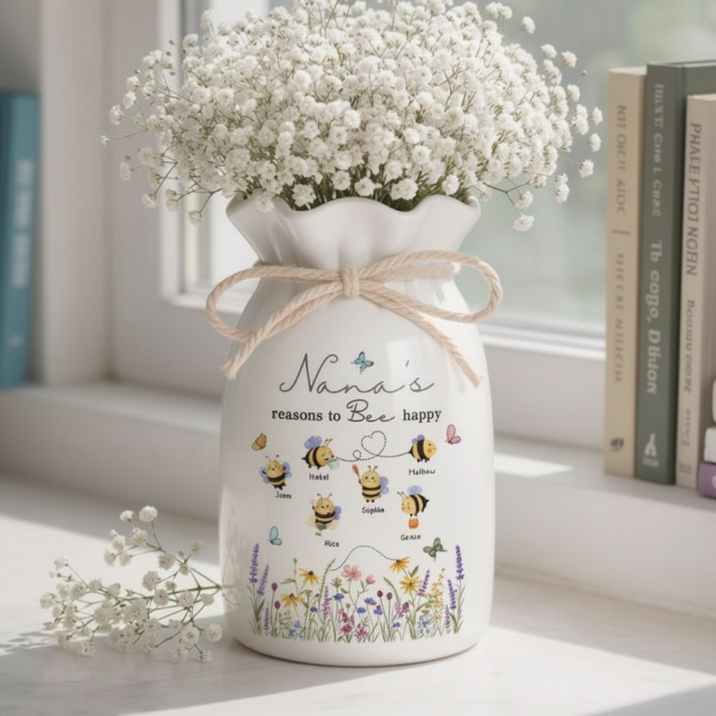 Personalized Grandma's Reason To Bee Happy Ceramic Flower Vase Mother's Day Gifts