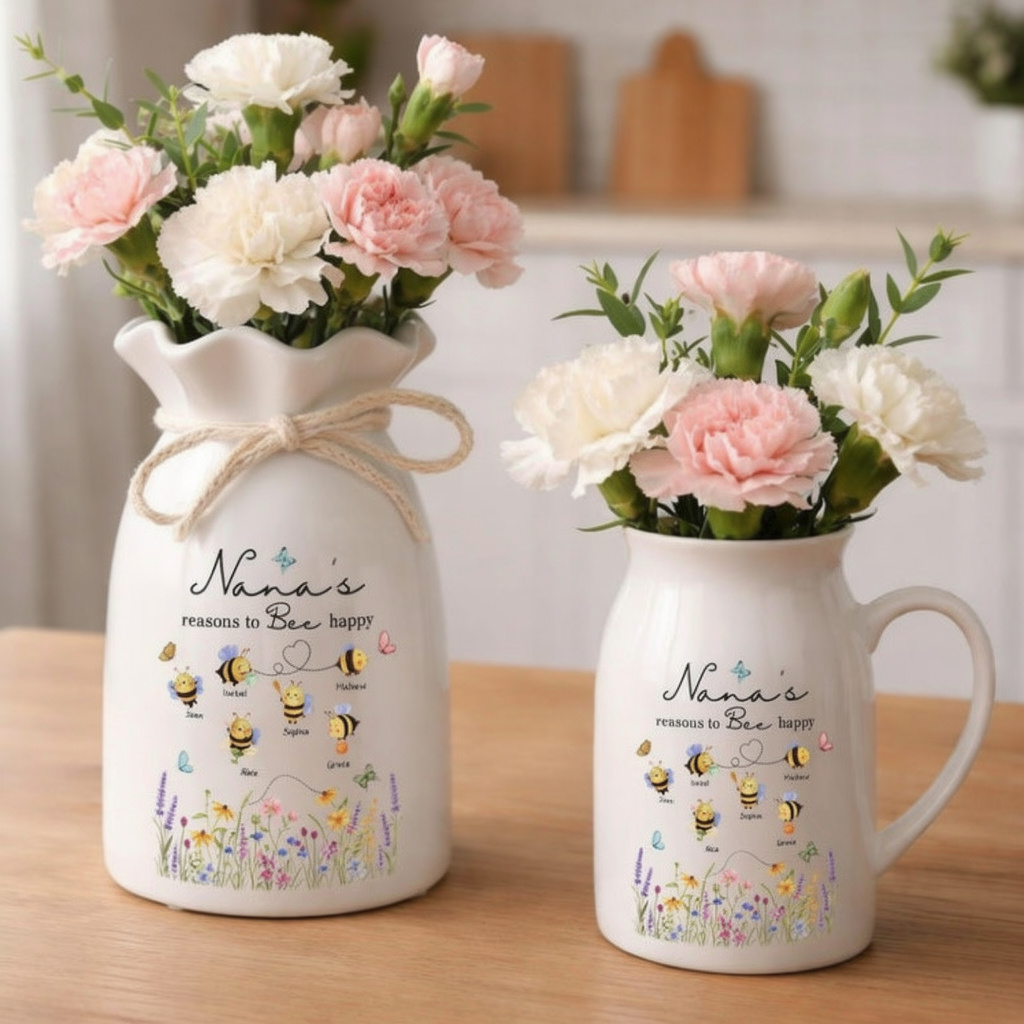 Personalized Grandma's Reason To Bee Happy Ceramic Flower Vase Mother's Day Gifts
