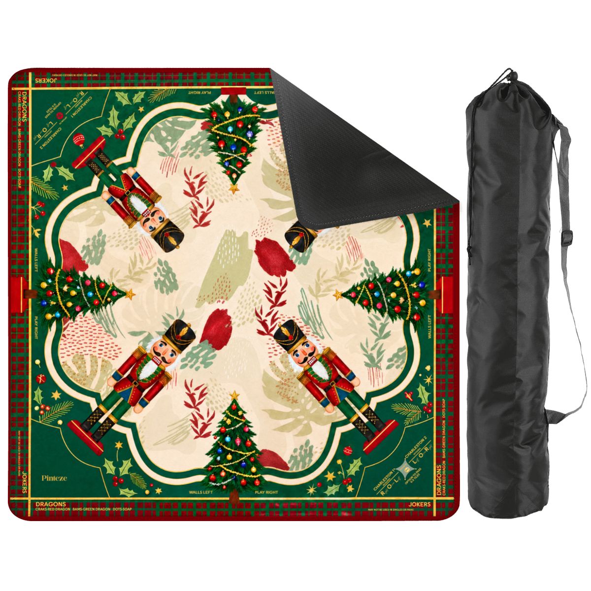 Christmas Nutcracker Mahjong Mat, Red Green Holiday Game Mat, Traditional Christmas Tree Style, Non-slip Table Cover