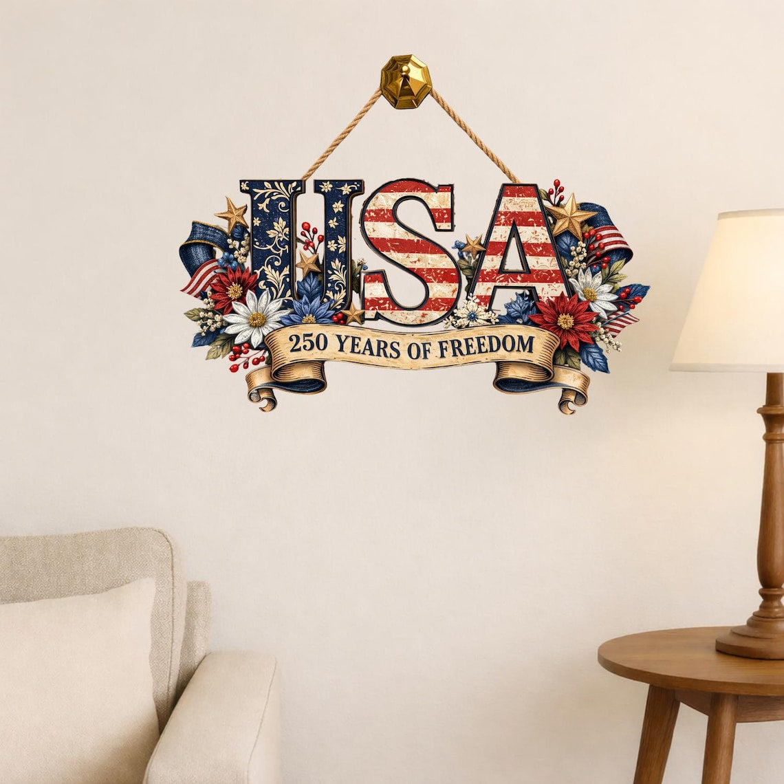USA 250th Anniversary Wooden Sign, Patriotic Door Hanging Decor, American Flag Floral Wall Sign, 250 Years Of Freedom Independence Day Sign