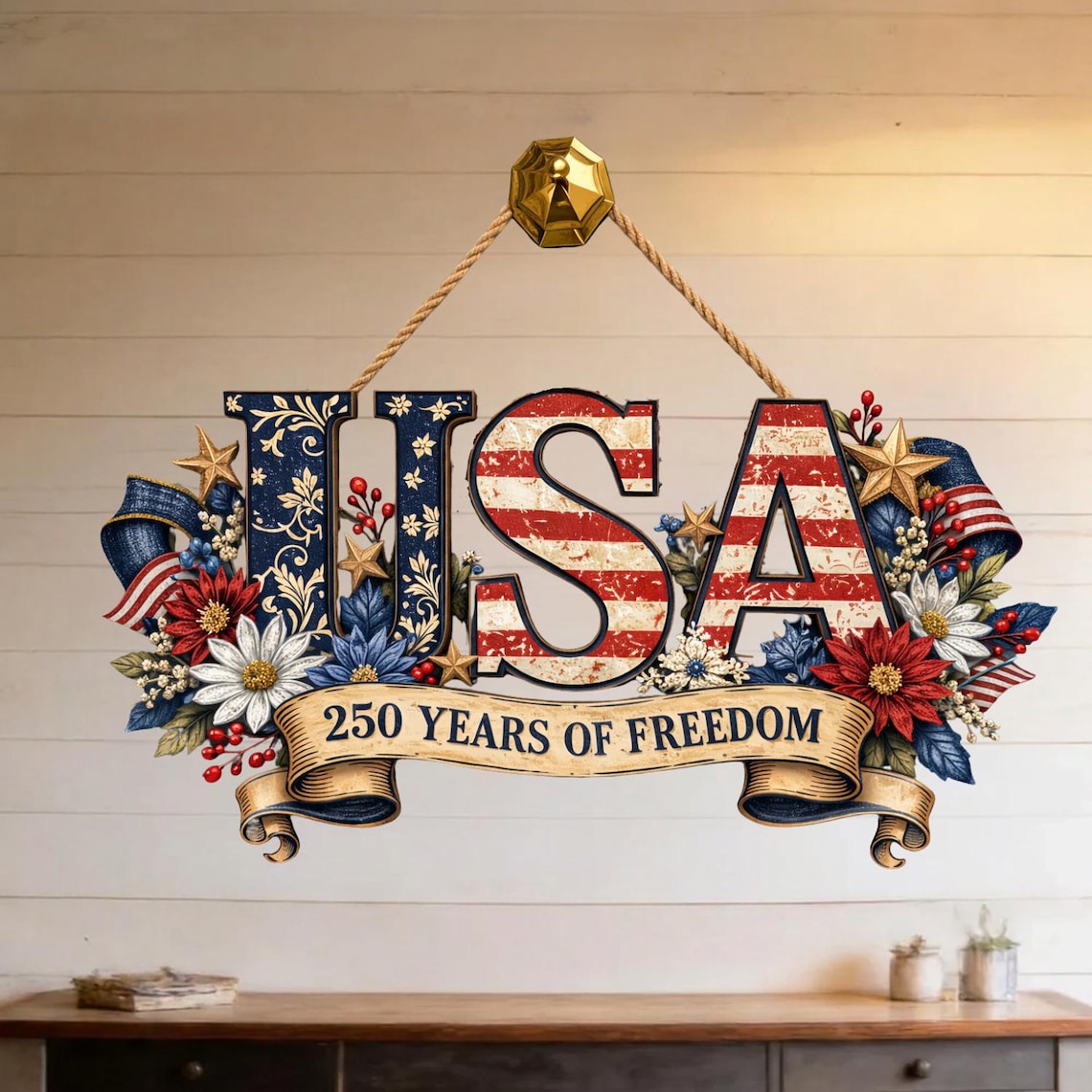 USA 250th Anniversary Wooden Sign, Patriotic Door Hanging Decor, American Flag Floral Wall Sign, 250 Years Of Freedom Independence Day Sign
