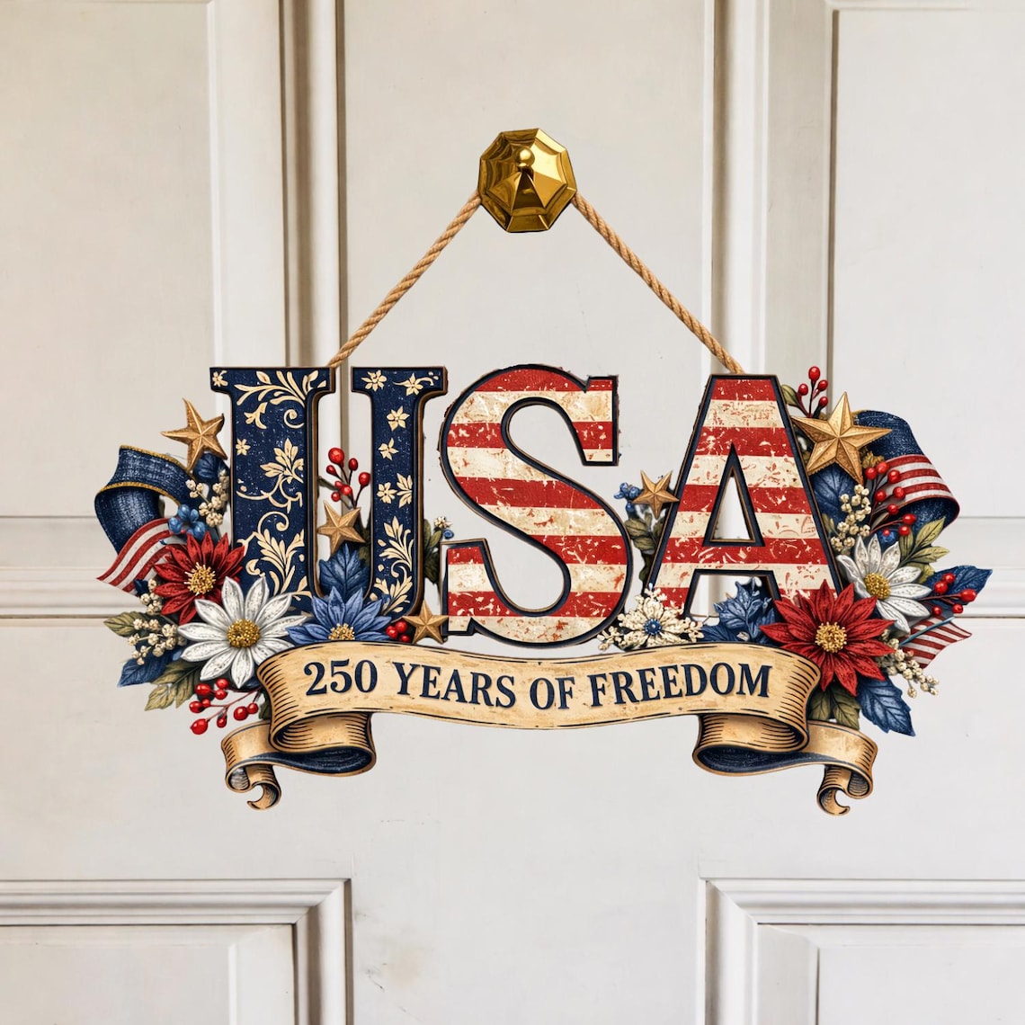 USA 250th Anniversary Wooden Sign, Patriotic Door Hanging Decor, American Flag Floral Wall Sign, 250 Years Of Freedom Independence Day Sign