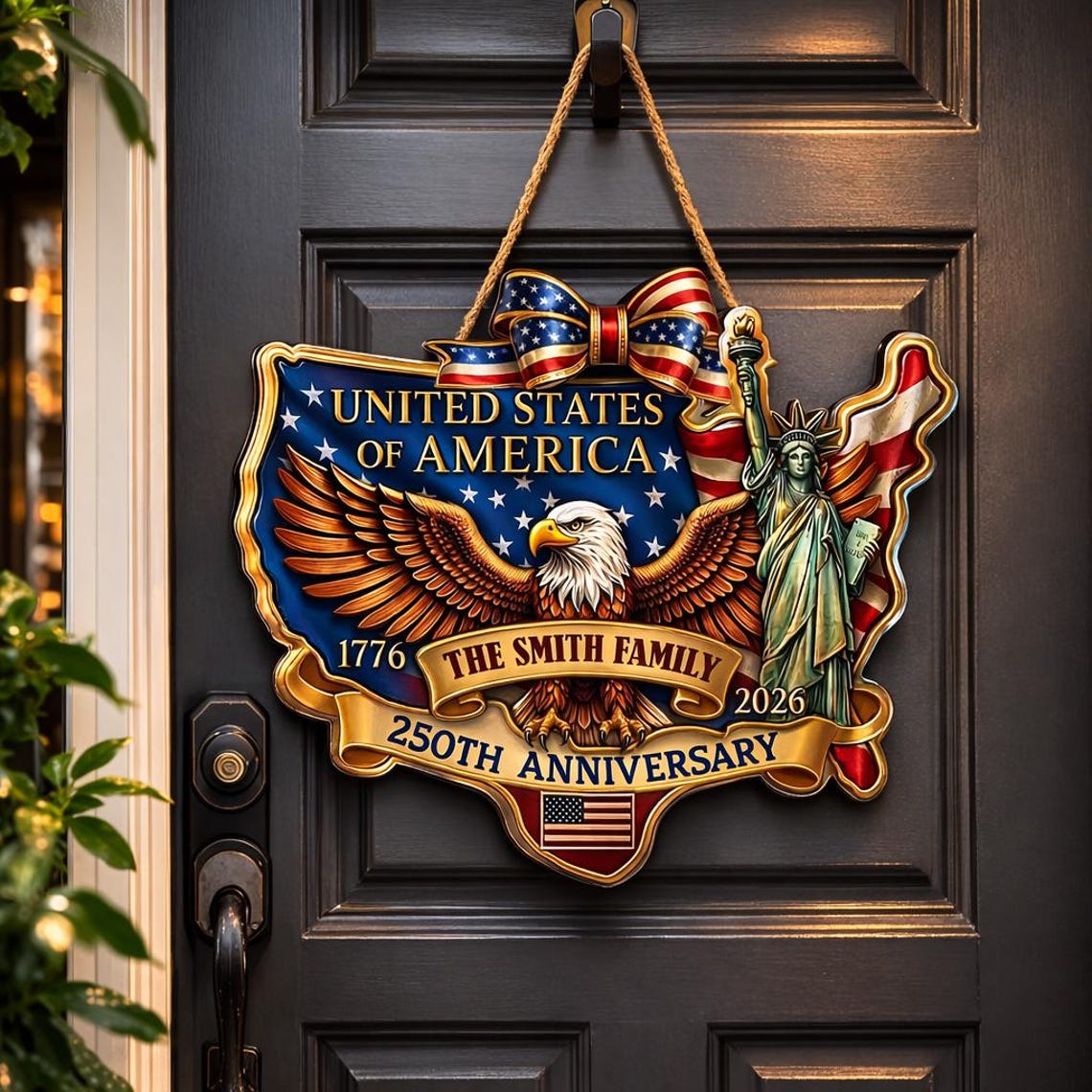 Personalized American 250th Anniversary Door Sign, 1776-2026 Patriotic USA Wooden Door Sign Semiquincentennial, Veteran Gift, 4th of July