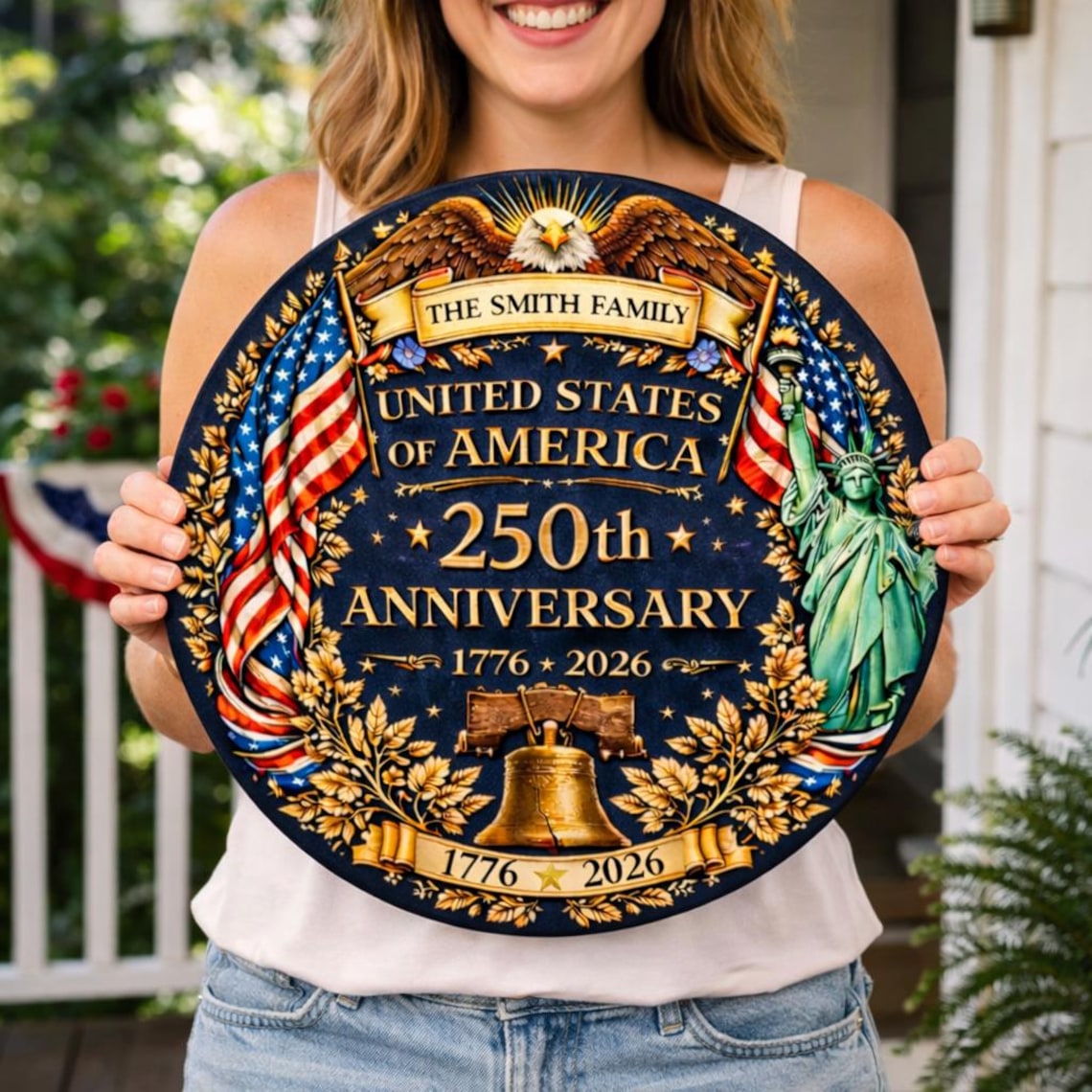 250th Anniversary Wood Wreath Personalized Patriotic Door Sign Decor 1776-2026 Family Name Gift