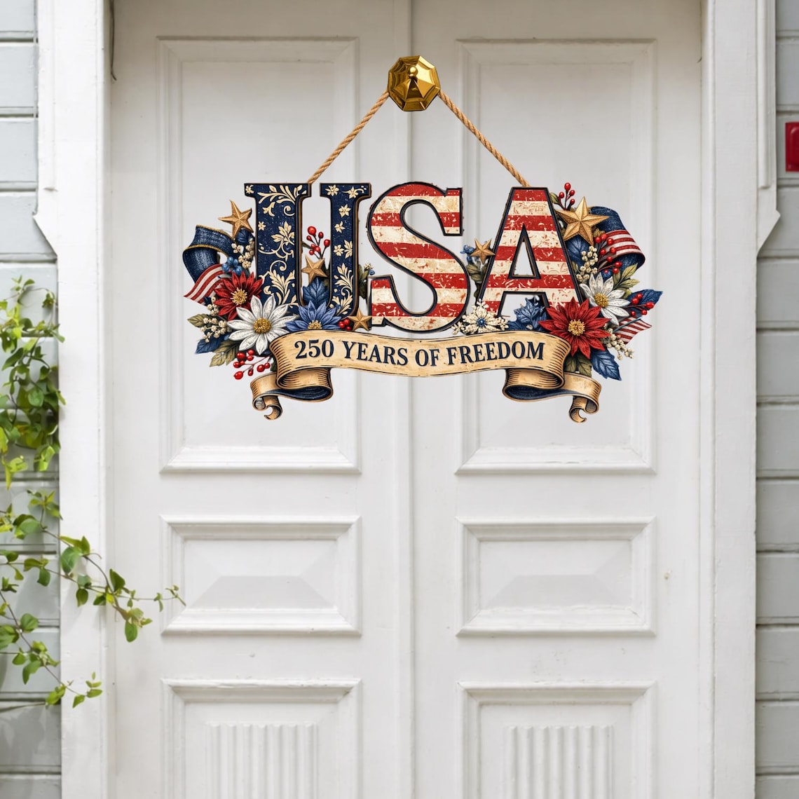 USA 250th Anniversary Wooden Sign, Patriotic Door Hanging Decor, American Flag Floral Wall Sign, 250 Years Of Freedom Independence Day Sign