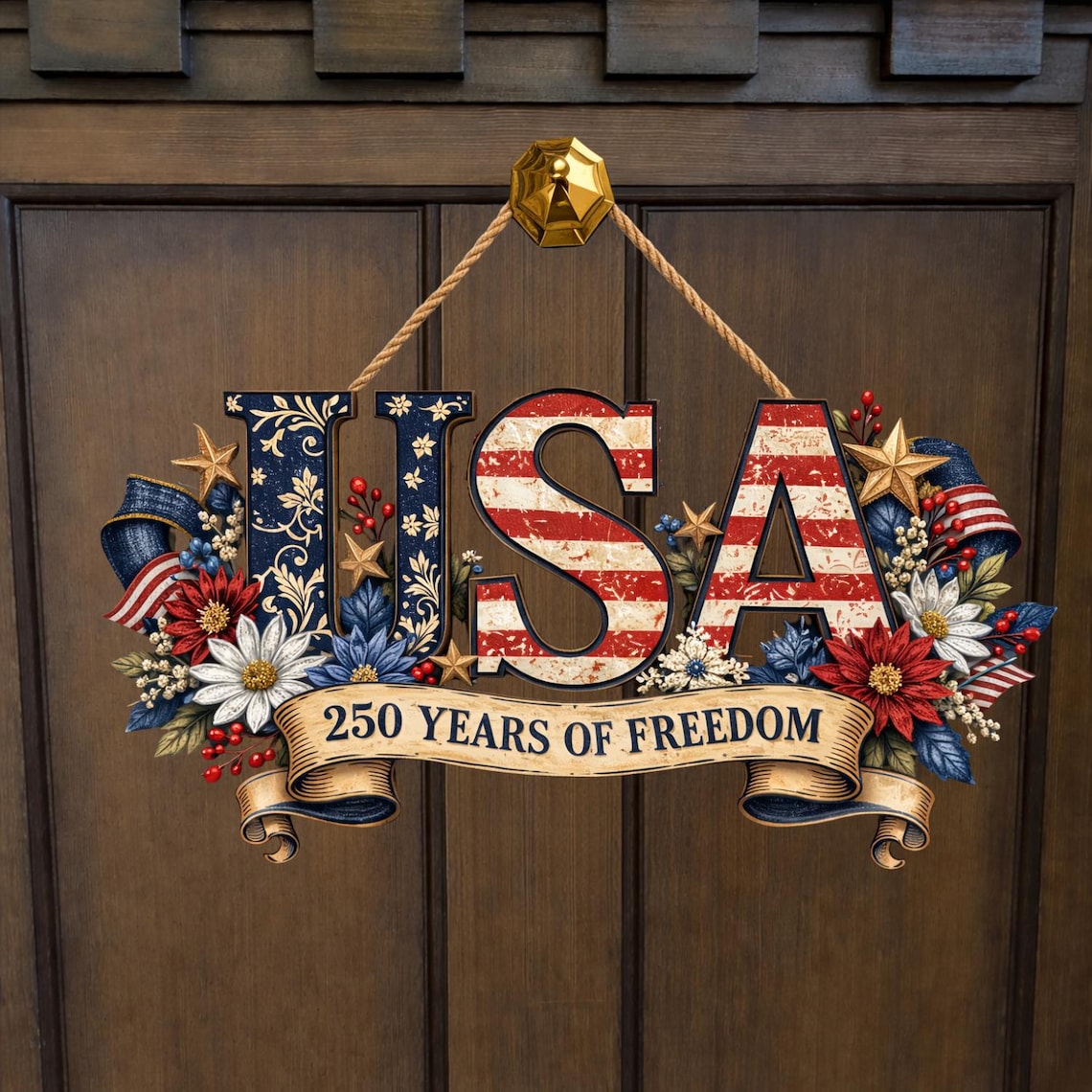 USA 250th Anniversary Wooden Sign, Patriotic Door Hanging Decor, American Flag Floral Wall Sign, 250 Years Of Freedom Independence Day Sign
