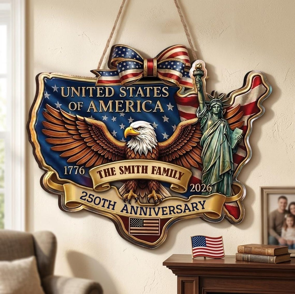 Personalized American 250th Anniversary Door Sign, 1776-2026 Patriotic USA Wooden Door Sign Semiquincentennial, Veteran Gift, 4th of July