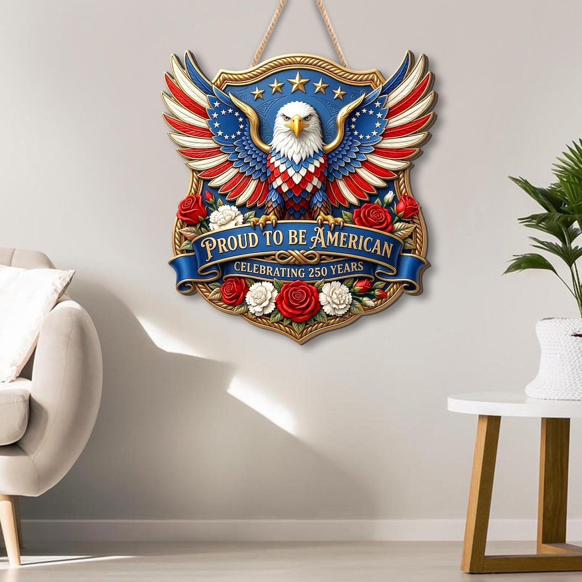 Wooden USA 250th Anniversary Door Sign: 250 Years of Freedom, Patriotic Eagle Door Hanging Decor, American Poppy Flowers Wall Sign