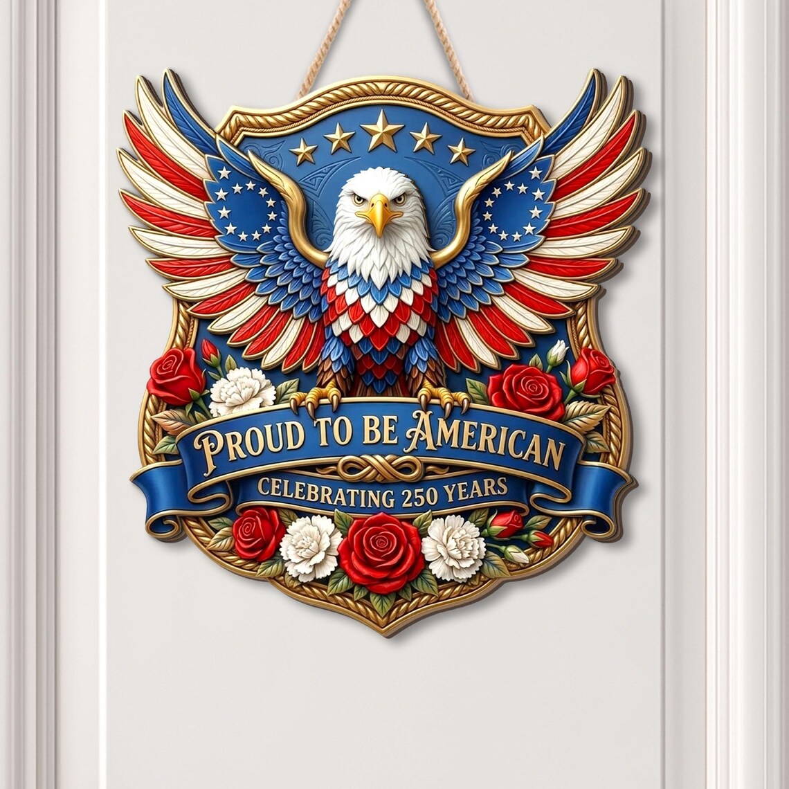 Wooden USA 250th Anniversary Door Sign: 250 Years of Freedom, Patriotic Eagle Door Hanging Decor, American Poppy Flowers Wall Sign