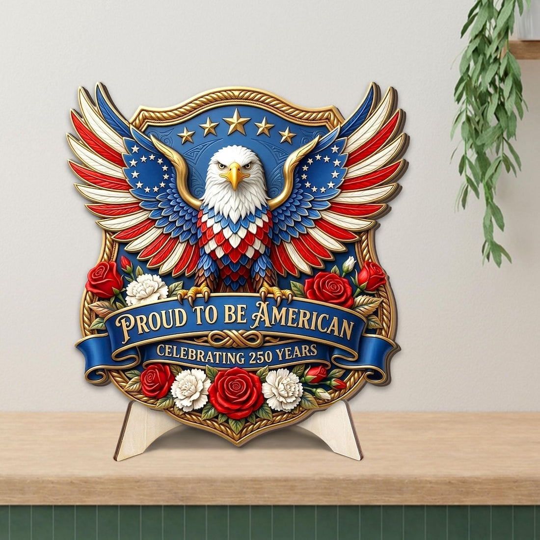 Wooden USA 250th Anniversary Door Sign: 250 Years of Freedom, Patriotic Eagle Door Hanging Decor, American Poppy Flowers Wall Sign