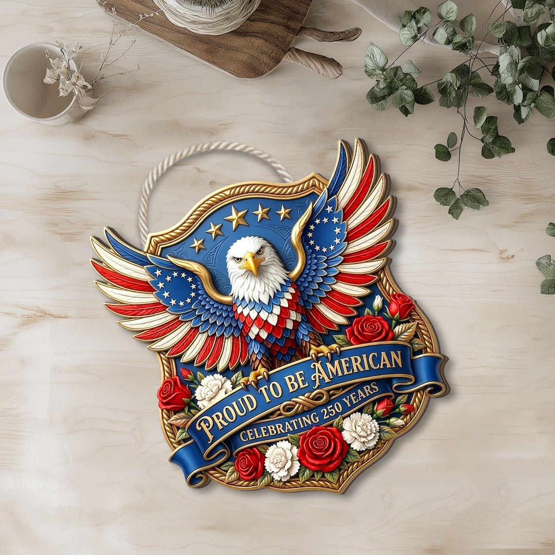 Wooden USA 250th Anniversary Door Sign: 250 Years of Freedom, Patriotic Eagle Door Hanging Decor, American Poppy Flowers Wall Sign
