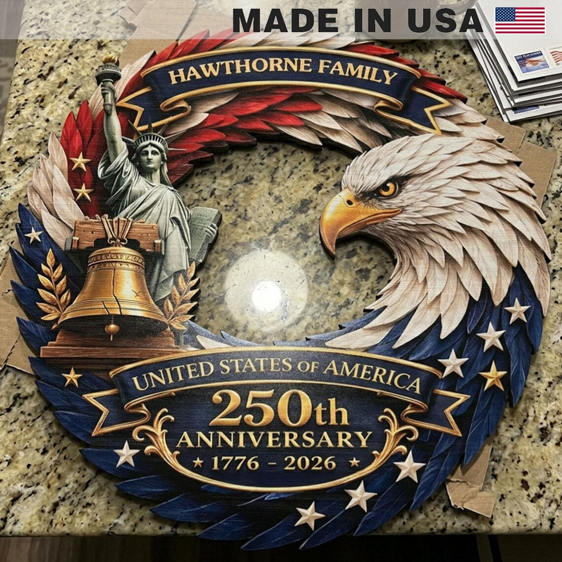 Custom Wood Sign Home decor Independence Day, Personalized America 250th Anniversary, US In Freedom 1776 Wooden Hanging Sign, 4th Of July